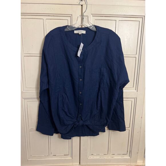 NWT LOFT size large navy blue linen blend blouse ties in front of - Picture 1 of 5